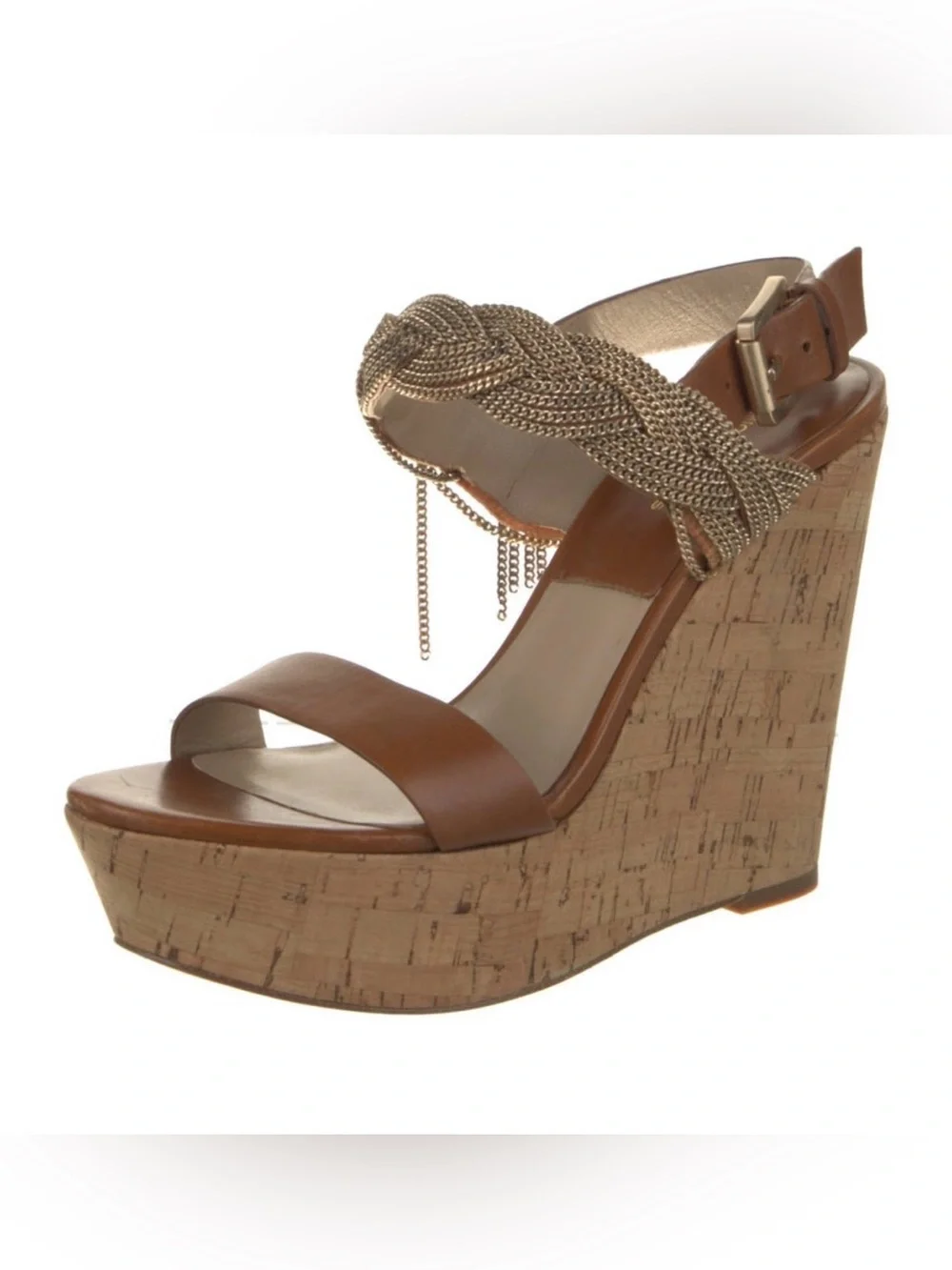 Michael Kors Brown Leather Chain-Link Accent Platform Wedge Sandals. Size 6.